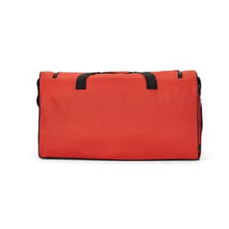 A large red gym bag with black accents, featuring sturdy handles and a reflective strip. It has a logo on the side.