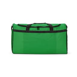 A green gym bag with black detailing and reflective strips, featuring a zip closure and sturdy handles.