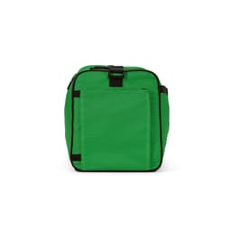 A green gym bag with black accents and reflective strips, featuring a logo and a spacious interior.