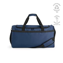 A blue gym bag featuring reflective strips, made from sustainable materials, with a adjustable shoulder strap and a logo.