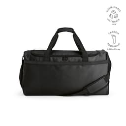 A black gym bag with reflective strips, featuring sturdy handles and a detachable shoulder strap. It has a logo.