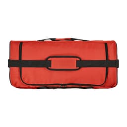 A red gym bag with black straps features reflective strips and a black zippered closure. It has a logo.