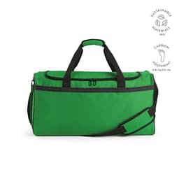 A green gym bag with black accents, featuring two handles, a shoulder strap, and a logo.