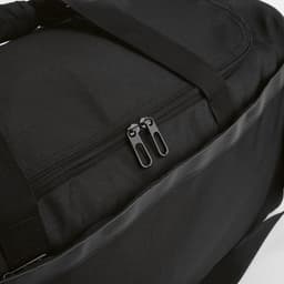 A black gym bag with a zippered top and reflective strips, made from rPET ripstop material.