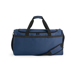 A blue gym bag with black accents, featuring two handles, a shoulder strap, and a reflective strip.