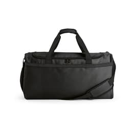 A black gym bag with a shoulder strap, featuring reflective strips and a branding logo.