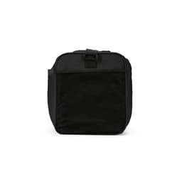 A black gym bag made from ripstop material, featuring a mesh side and reflective strips, with a visible logo.