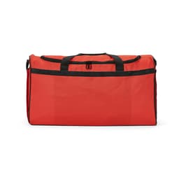 A red gym bag with black accents and handles, featuring a zip closure. It has a logo on the front.