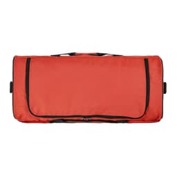 A red gym bag with reflective strips and black detailing, featuring a logo on the surface. 