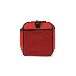 A red gym bag made of rPET ripstop material, featuring reflective strips and a mesh pocket. It has a branding logo.