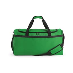 A green gym bag with black accents and a shoulder strap. Features include reflective strips and a zippered opening.