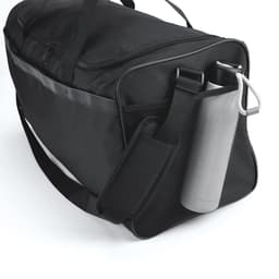 A black gym bag with reflective strips, featuring a side pocket for a drink bottle and an adjustable shoulder strap.