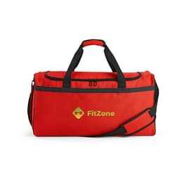 A red gym bag with black accents and a shoulder strap, featuring a logo and zippered compartments.