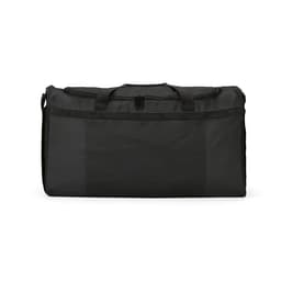 A black gym bag with reflective strips, featuring sturdy handles and a zip closure. It has a logo on the front.