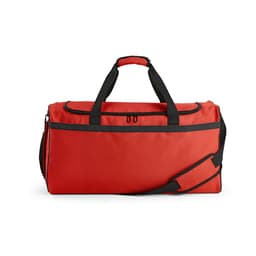 A red gym bag with black accents, featuring handles and a detachable shoulder strap. It has a reflective strip and branding.