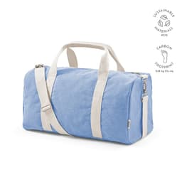 A blue gym bag with white straps, made from sustainable materials, featuring a logo on the side.
