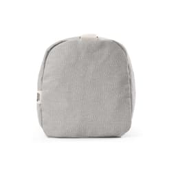 A grey gym bag with a rectangular shape, featuring a simple design and a strap on top. It has a logo.