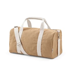 A tan gym bag with white straps, featuring a shoulder strap and a logo. The bag is made from rCotton and rPET.