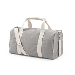 A grey gym bag with cream handles and a detachable shoulder strap. It features a logo on one side.