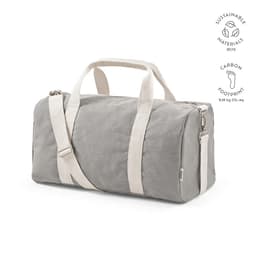 A grey gym bag made from sustainable materials with cream handles and a logo on the side.