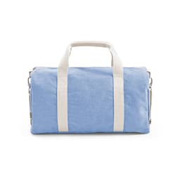 A blue gym bag with white handles and a logo, featuring a spacious design.