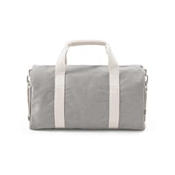 A grey gym bag features sturdy handles and a detachable shoulder strap, with a textured fabric and branding.