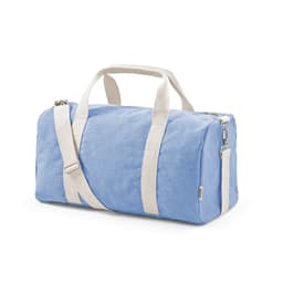 A blue gym bag made from rCotton and rPET with white straps and a detachable shoulder strap. Features a logo.