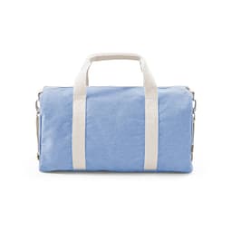 A blue gym bag features sturdy white handles and a zip closure, with a simple design and a logo.