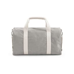 A grey gym bag with white handles and a zip closure, featuring a logo on the side.
