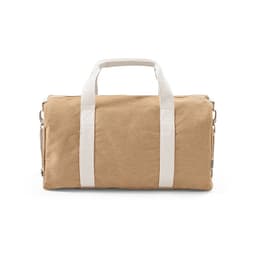 A beige gym bag made from rCotton and rPET, featuring white handles and a small logo.