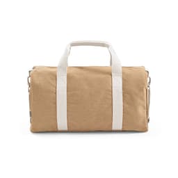 A beige gym bag with white straps, featuring a zip closure and side pocket, includes a logo.
