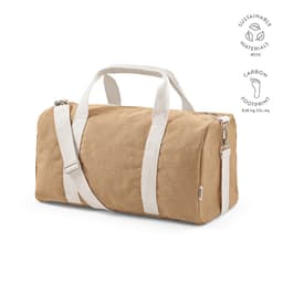 A tan gym bag with white straps, featuring a logo and made from sustainable materials.