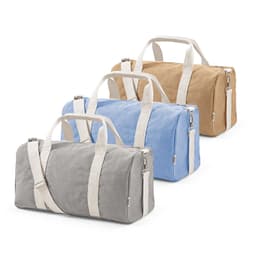 A collection of three gym bags in grey, blue, and beige, featuring contrasting white handles and zippers.