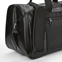 A black gym bag with waterproof zippers and a side mesh panel, featuring a logo.