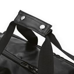 A black gym bag featuring waterproof zippers and sturdy handles with metal snaps. It has a sleek design and a logo.