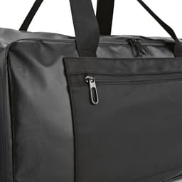 A black gym bag with waterproof zippers and a side pocket, featuring sturdy handles and a simple design.