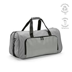 A grey gym bag with waterproof zippers, featuring a front pocket and sturdy black handles. It has a logo.