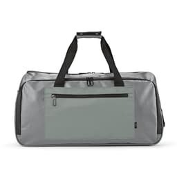 A grey gym bag with black straps and a front zip pocket, featuring waterproof zippers and a logo.
