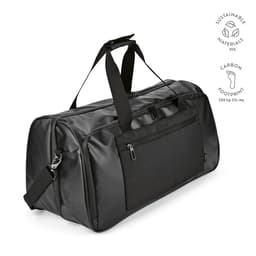 A black gym bag with waterproof zippers, featuring a front pocket and an adjustable shoulder strap.