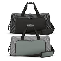A gym bag set featuring a black and grey design, with waterproof zippers and an adjustable shoulder strap.