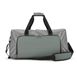 A grey and black gym bag with waterproof zippers and a shoulder strap, featuring a logo.