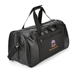 A black gym bag with waterproof zippers, featuring a front pocket and a logo on the side.