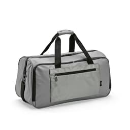 A grey gym bag with waterproof zippers and black accents. It features a front pocket and dual handles.
