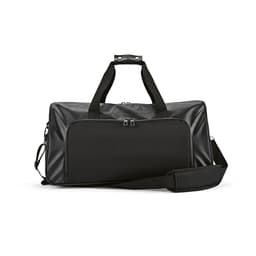 A black gym bag with waterproof zippers and a detachable shoulder strap. It features a logo on the front.