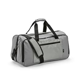A grey gym bag with black accents, featuring waterproof zippers and a detachable shoulder strap. It has a logo.
