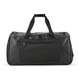 A black gym bag featuring waterproof zippers and a front pocket, equipped with sturdy handles and branding.