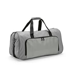 A grey gym bag with waterproof zippers and double handles. Features one front zip pocket and branding.