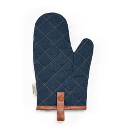A navy quilted kitchen glove with brownPU details and a hanging loop. It features a textured pattern.