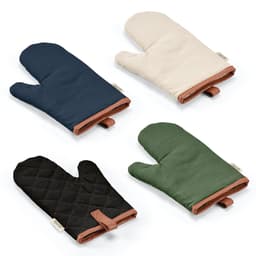 Four kitchen gloves in navy, cream, black, and green, featuring rPU details and a logo.