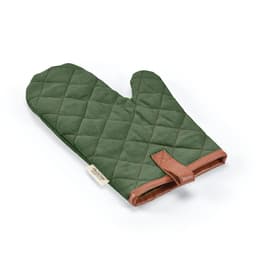 A green quilted kitchen glove with brown details and a label, featuring a hanging loop.